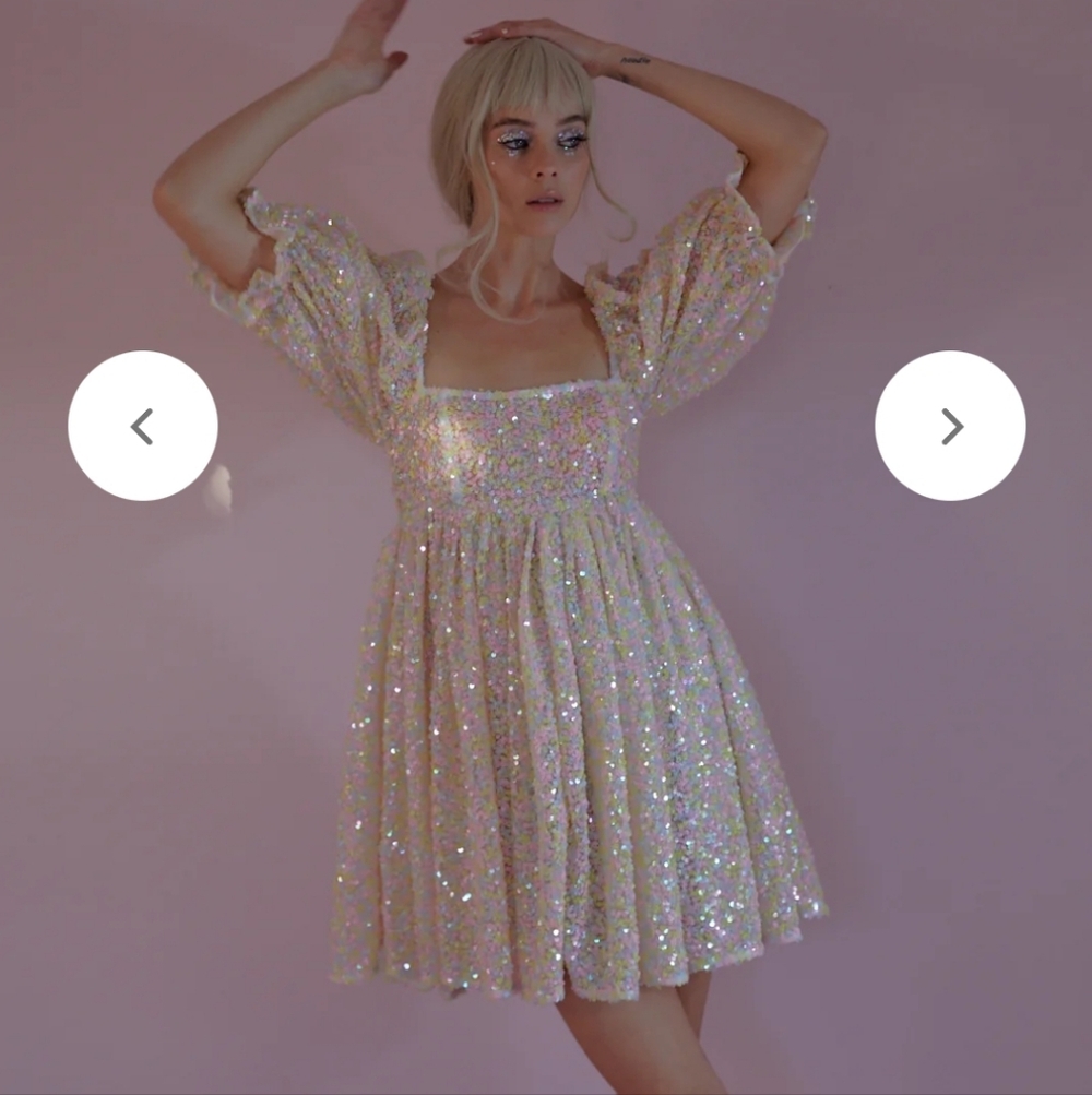 Selkie The Rainbow Sparkling Sequin Puff Sleeve Dress - Picture 15 of 16